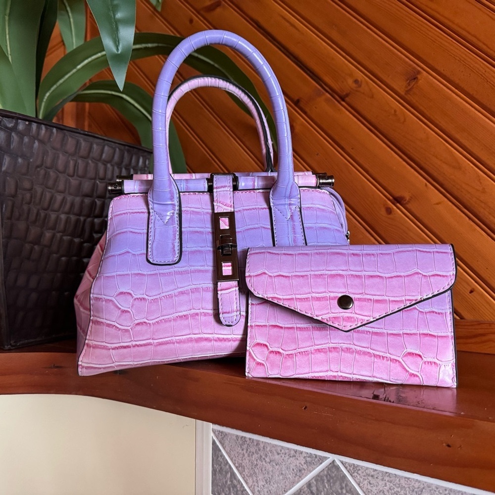Ombre pink/purple pleather zipper bag with wallet